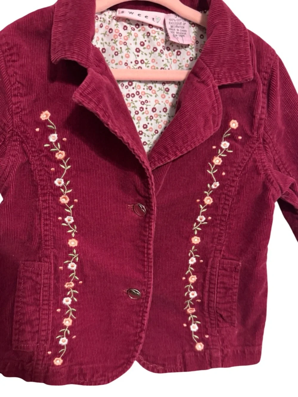 Y2K Sweet Maroon Corduroy Embroidered Floral Jacket Girls Size 3T